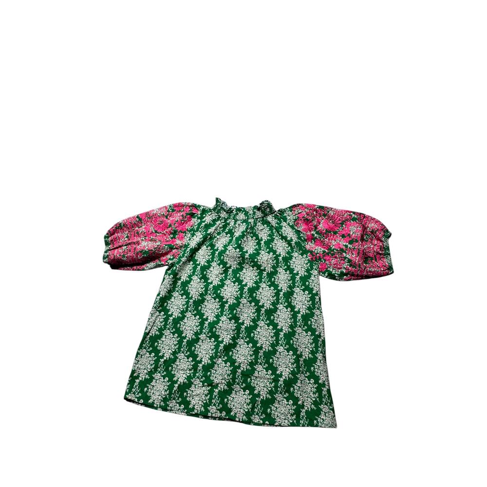 NWT THML Blouse Womens S Green Pink Embroidered Floral Puff Sleeve Button Back - Picture 5 of 16